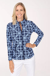 Front view of a model wearing the Anthony's Resort Wear Blue Lattice Rings UPF50+ Athletic Zip Jacket, a navy jacket with a light blue interlocking ring lattice print, zipped to the mock neck and worn with white pants.