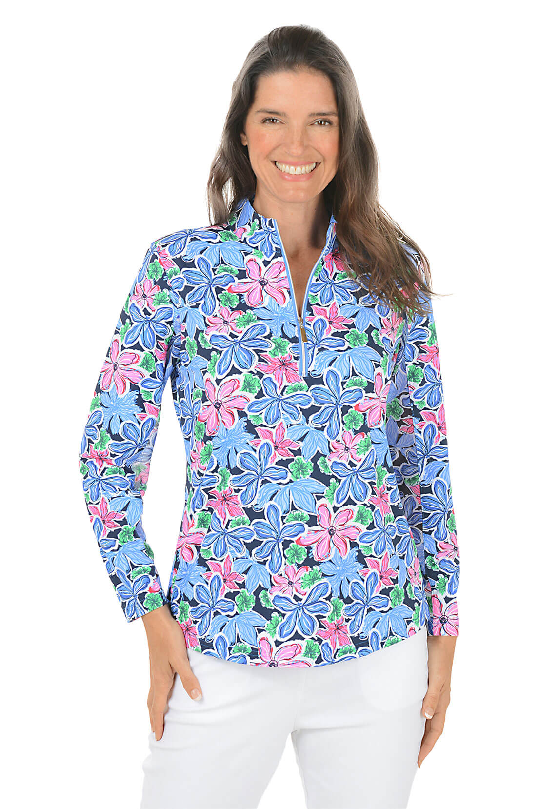 Woman wearing a colorful floral blouse on a white background