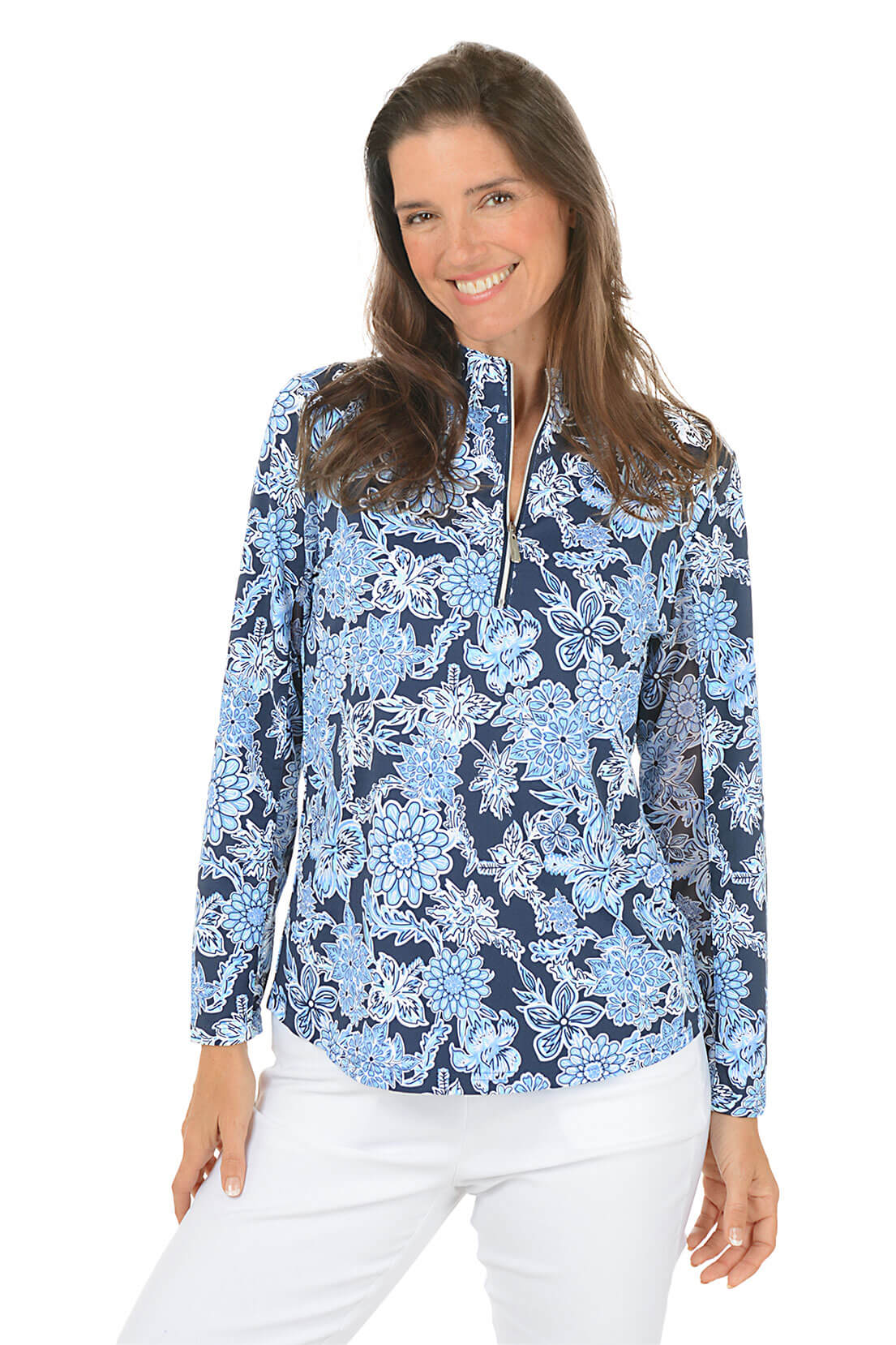 Woman wearing a blue floral blouse with a white background