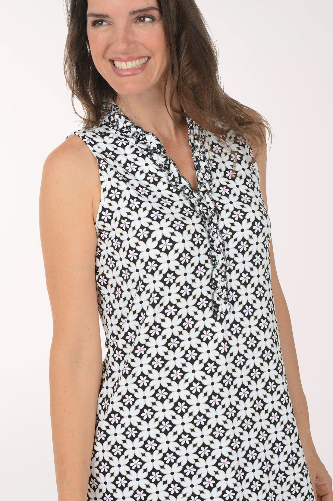 Daisy Flowers Cooling Upf50+ Ruffled Trim Sleeveless Dress - Black/white - Size L - by Anthony's Resort Wear (Lulu B Clothing) Daisy Flowers Cooling Upf50+ Ruffled Trim Sleeveless Dress - Black/white - Size L - by Anthony's Resort Wear (Lulu B Clothing)