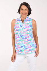 Woman wearing a sleeveless top with 'LOVE' print on a white background