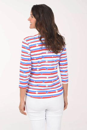 Woman wearing a red, white, and blue striped shirt on a white background