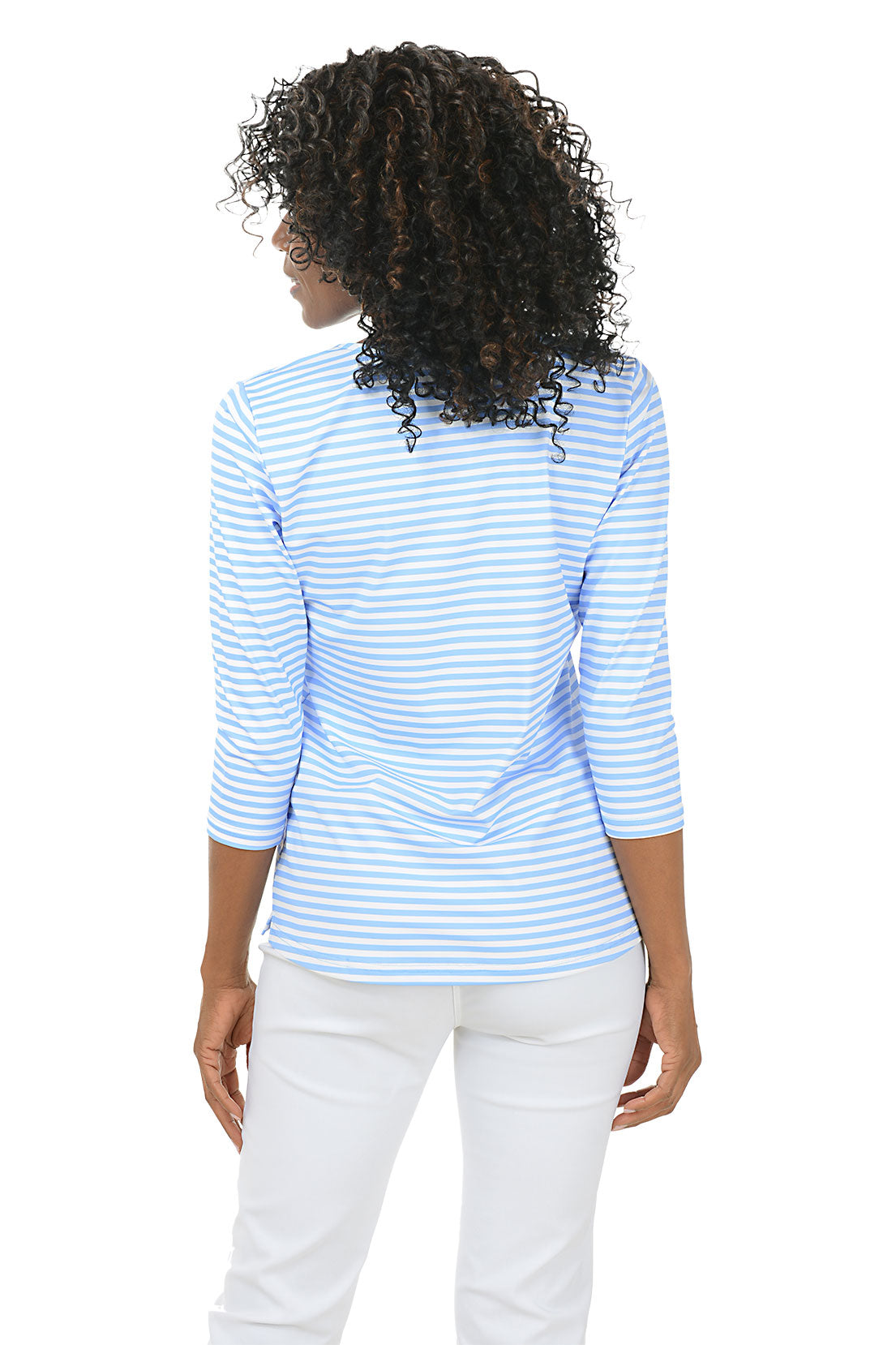 Woman wearing a blue and white striped shirt on a white background. Back shot.