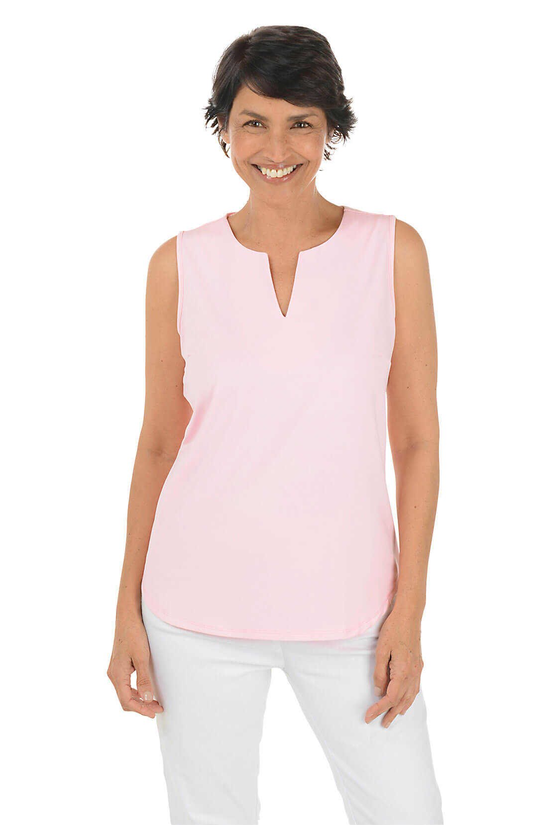 Solid UPF50+ Split Neck Sleeveless Top