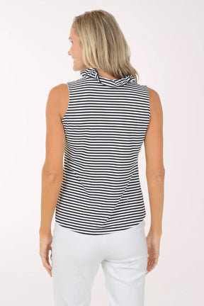 Woman wearing a black and white striped sleeveless top on a white background