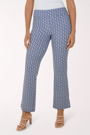 Person wearing blue patterned pants on a white background