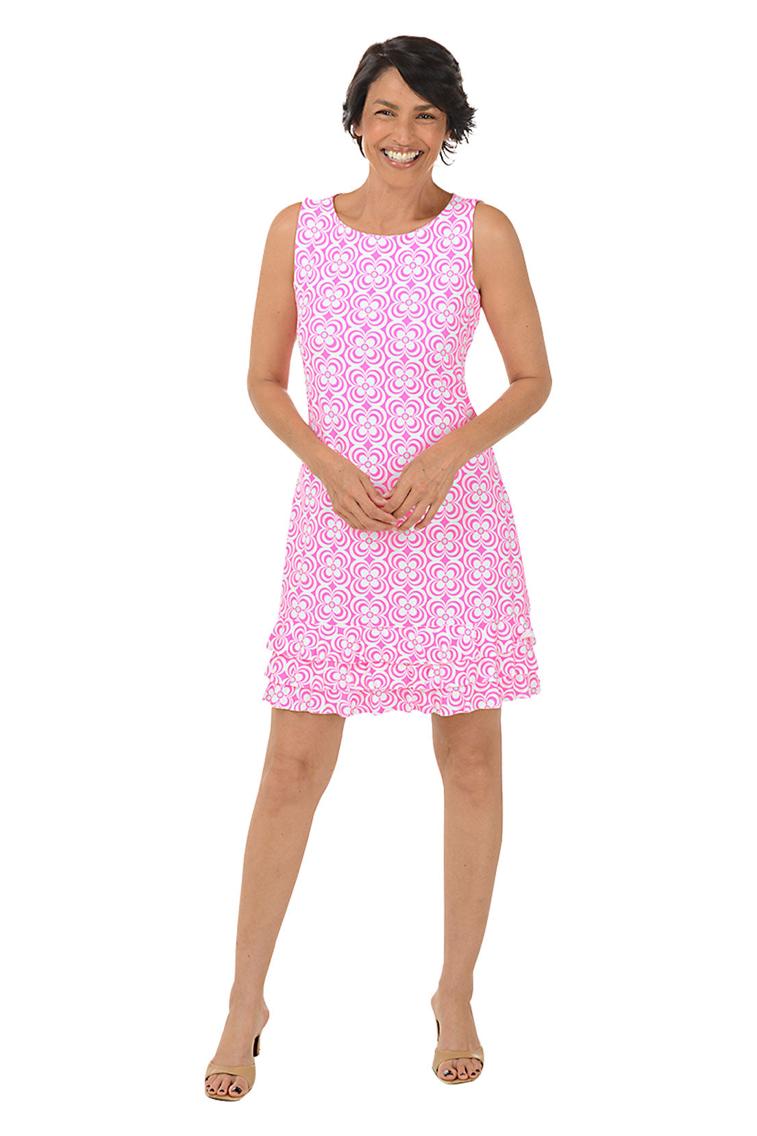 Pink Optical Daisy UPF50+ Ruffle Dress