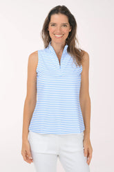 Woman wearing a blue and white striped sleeveless top against a white background