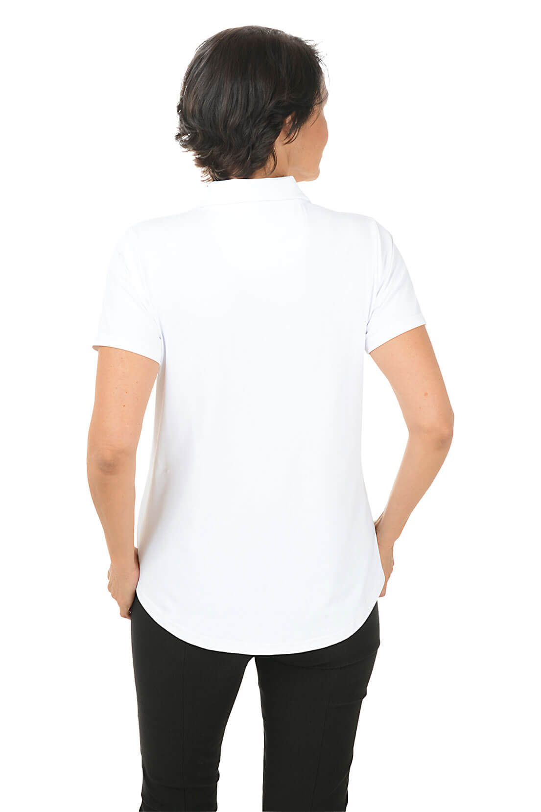 Woman wearing a white short-sleeve blouse and black pants on a white background. Back shot.