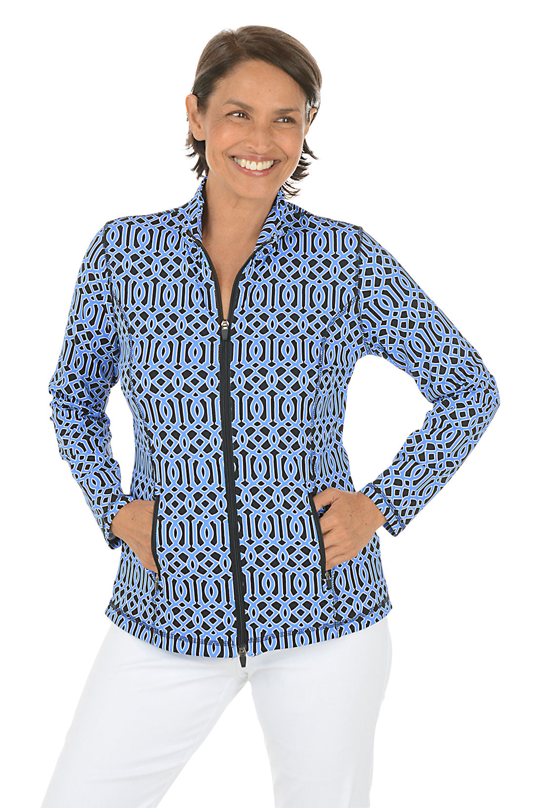 Woman wearing a blue patterned jacket on a white background.