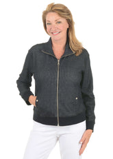 Front shot of model in a black jacket with a white background. 
