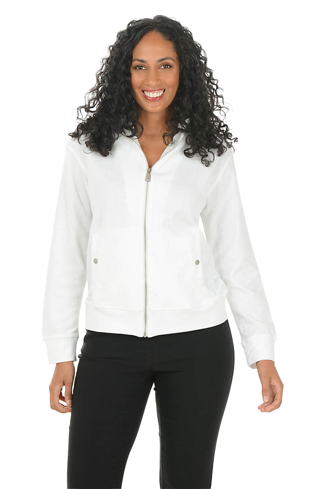Woman wearing a white jacket on a white background
