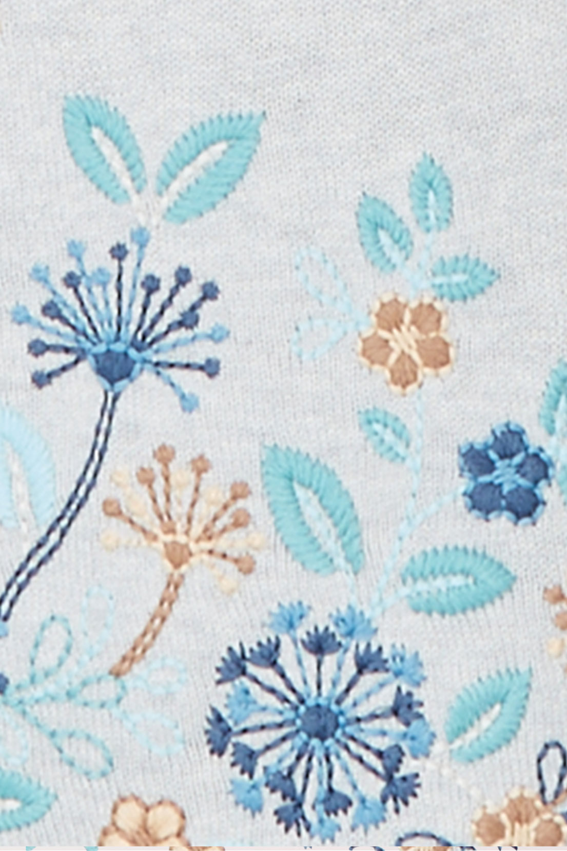 Close-up of the floral embroidery on the light grey knit, showing blue, aqua and tan flowers and leaves.