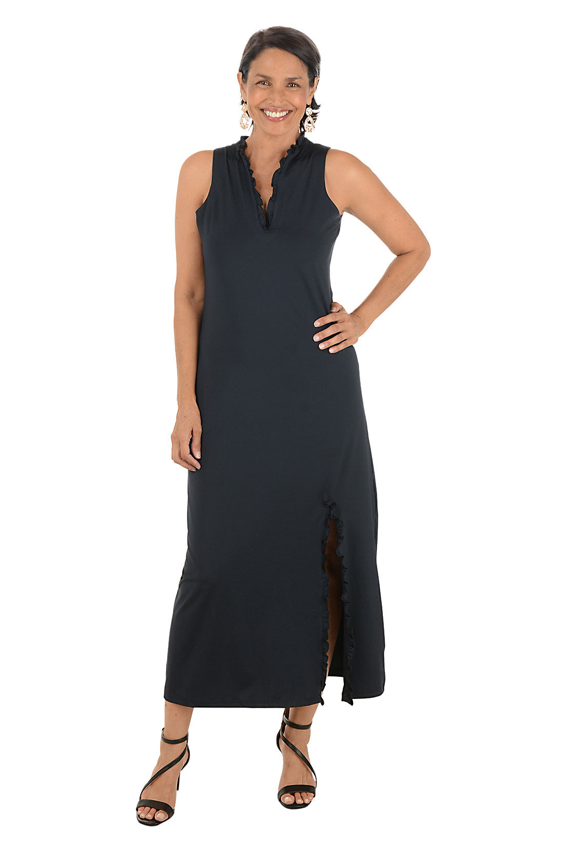 Woman wearing a black sleeveless dress on a white background