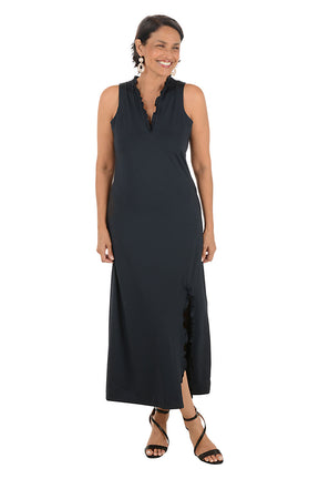 Woman wearing a black sleeveless dress on a white background