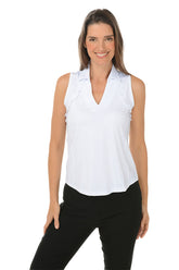 Woman wearing a white sleeveless blouse with a collar on a white background.