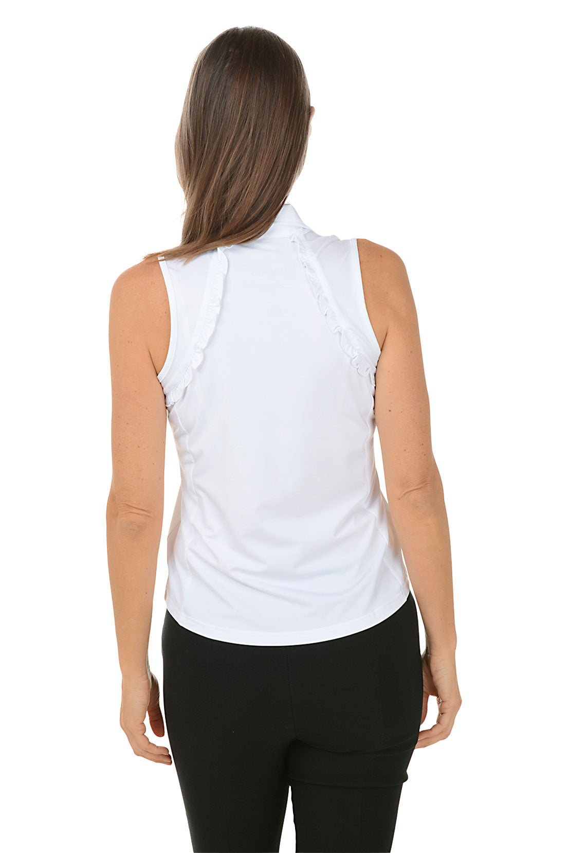 Woman wearing a white sleeveless blouse with a collar on a white background. Back shot.