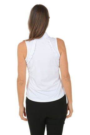 Woman wearing a white sleeveless blouse with a collar on a white background. Back shot.