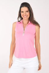 Woman wearing a pink sleeveless zip-up top on a white background