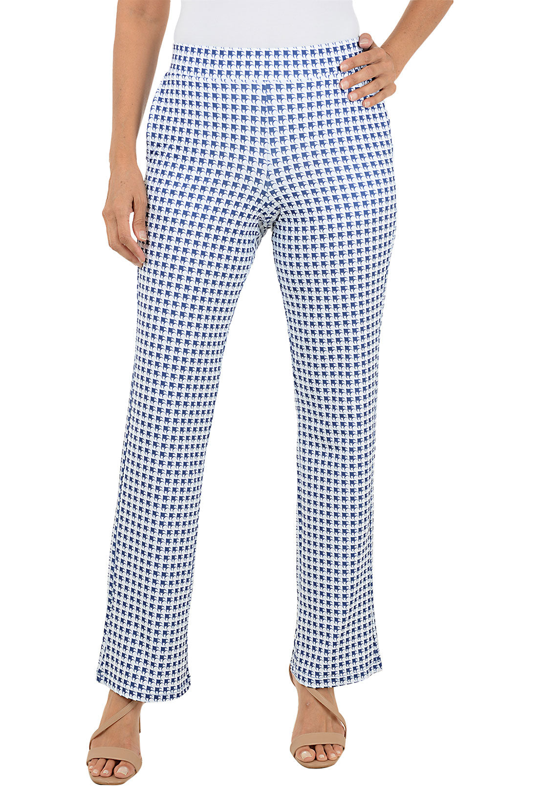 Woman wearing blue and white checkered pants on a white background.