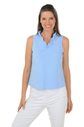 Solid Sissy Sleeveless Ruffle Neck Top