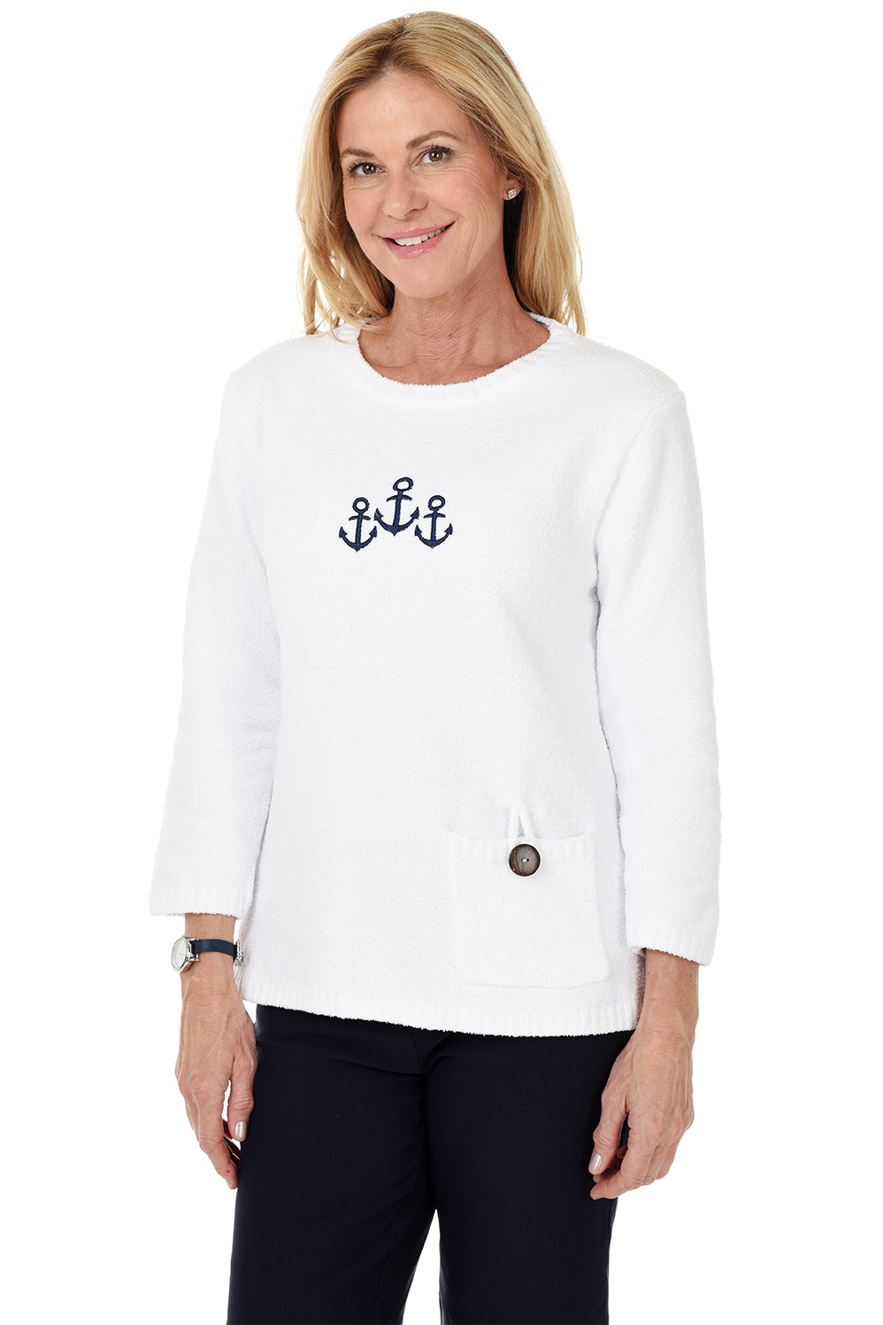 White Anchor Embroidered Chenille Sweater