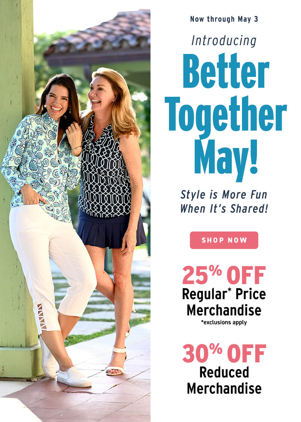 Two women standing outdoors with promotional text for a sale event.