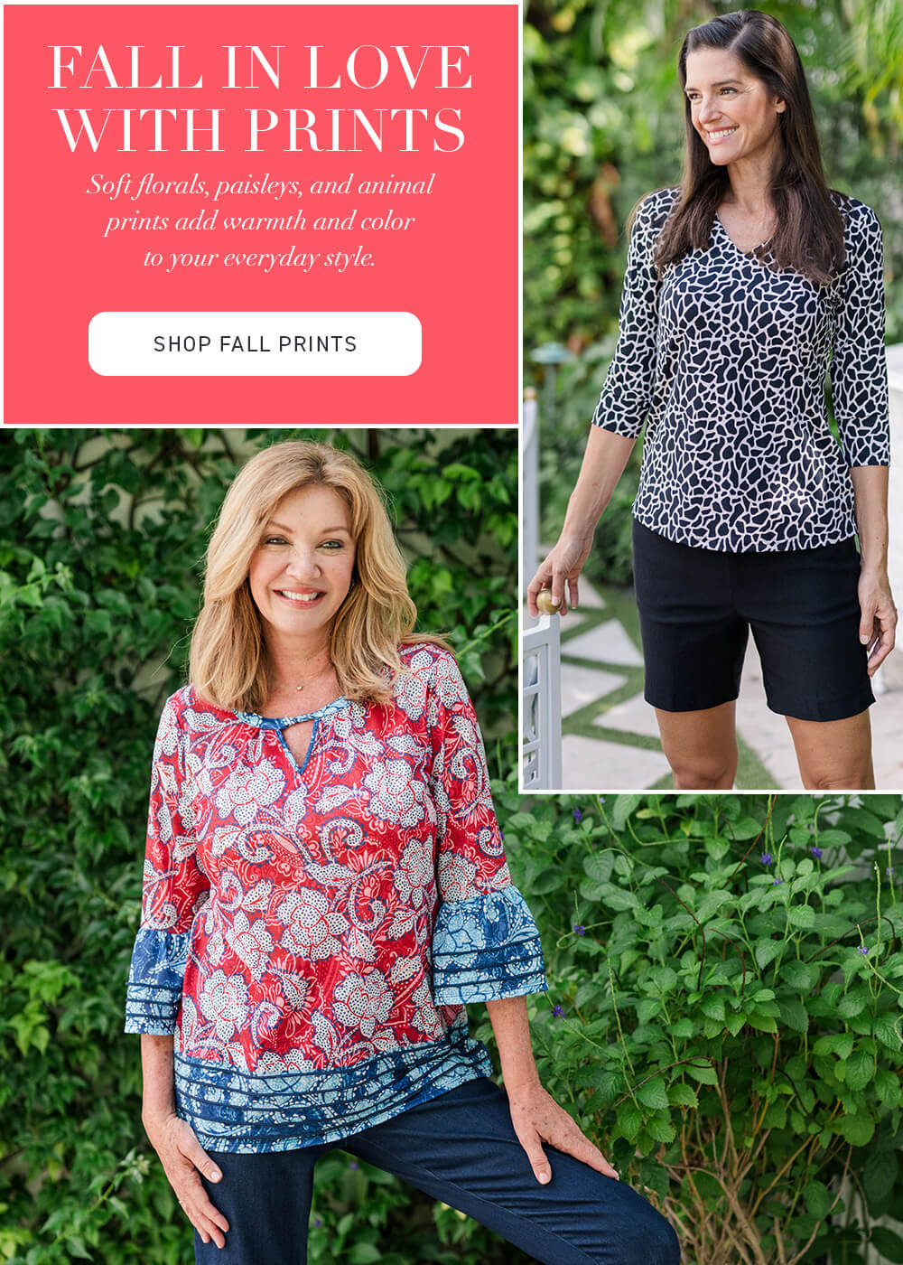Fall in love with prints, two women wearing patterned tops with a promotional text overlay for fall prints.