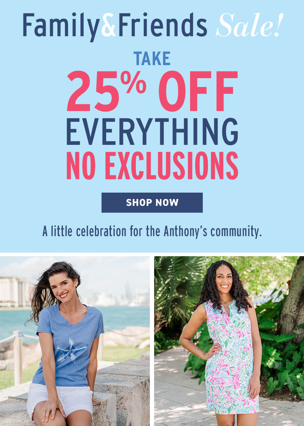 Promotional advertisement for a sale with two women wearing clothing and a scenic background.