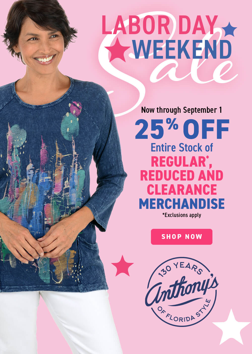 Promotional poster for Labor Day Weekend Sale with a woman wearing a blue shirt against a pink background.