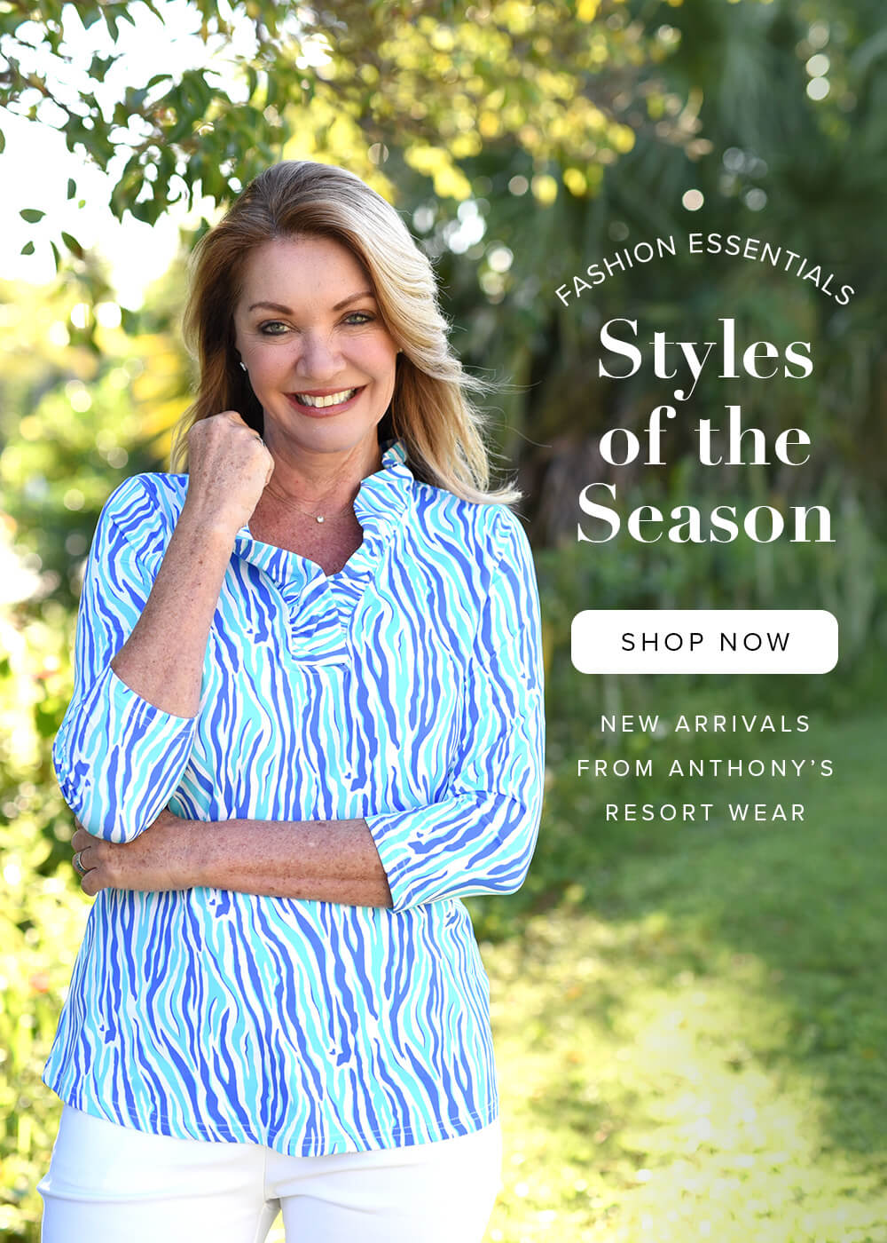Woman wearing a blue ruffle knit top