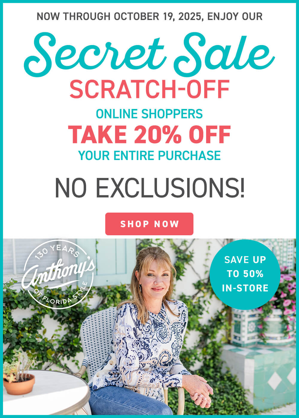 Promotional flyer for Anthony's Florist Secret Sale with a woman sitting outdoors.