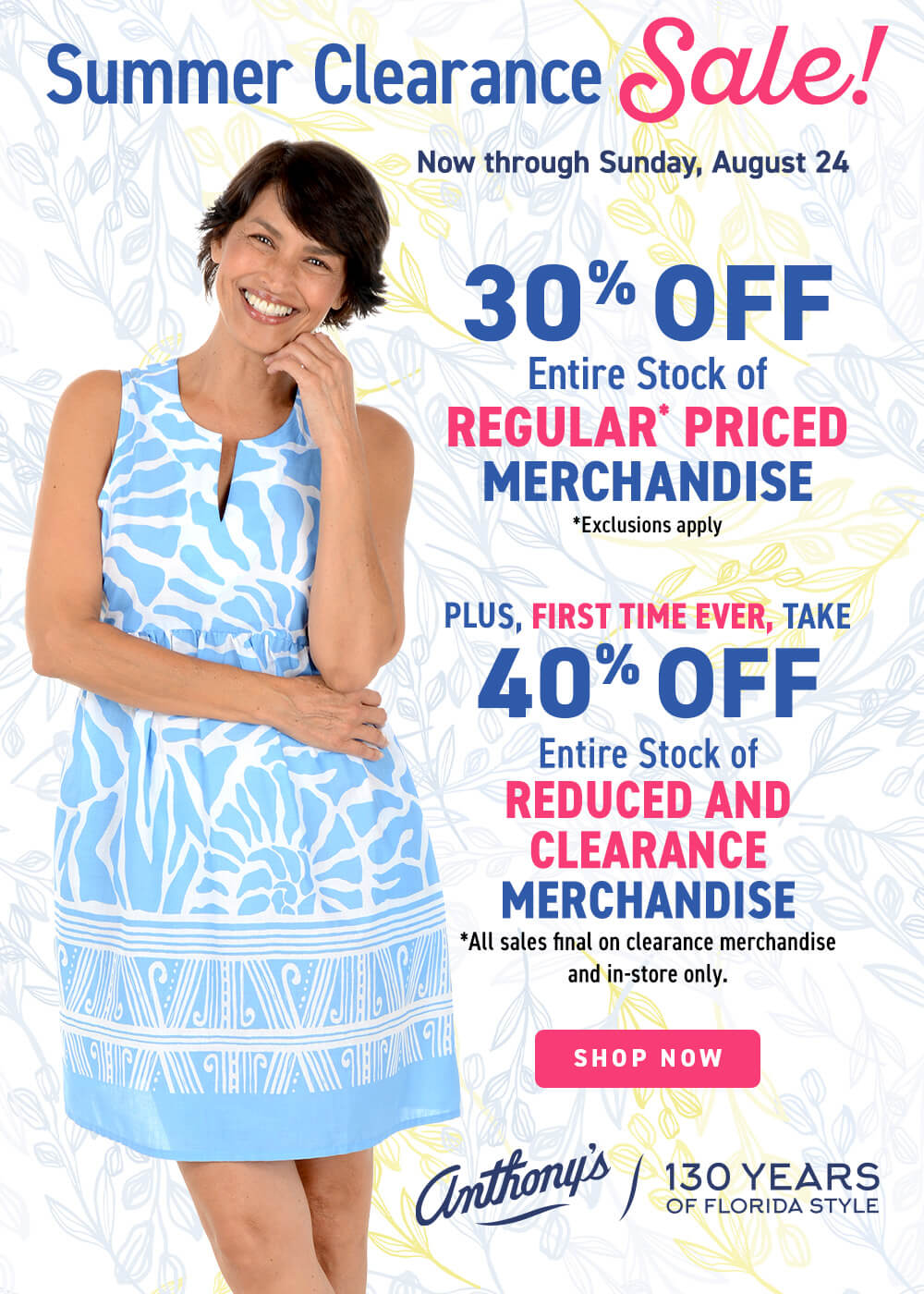 Promotional advertisement for Anthony's Summer Clearance Sale with a woman in a blue dress. Mobile version for display.