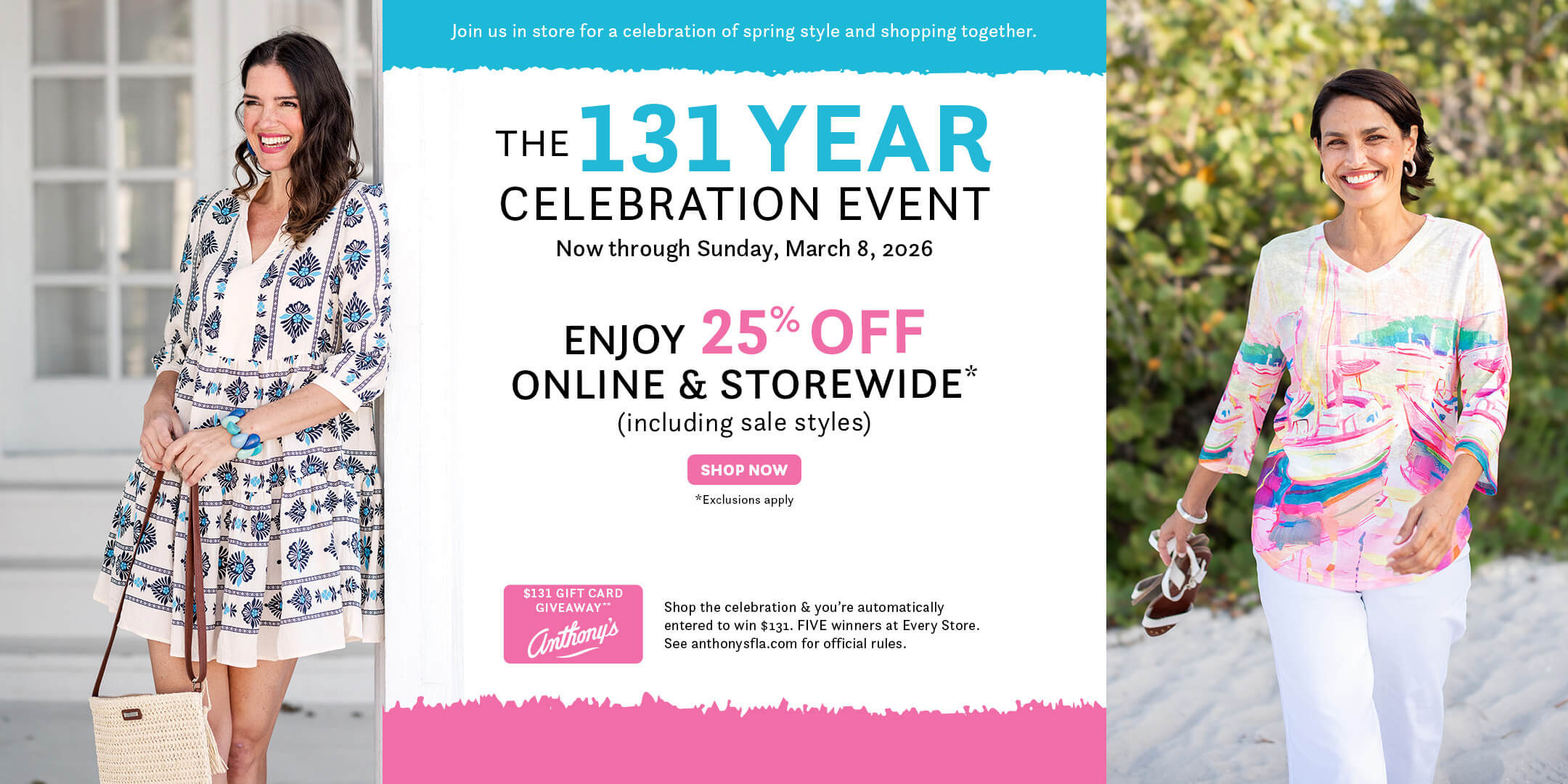 Advertisement for a 131-year celebration event with two women and promotional text.