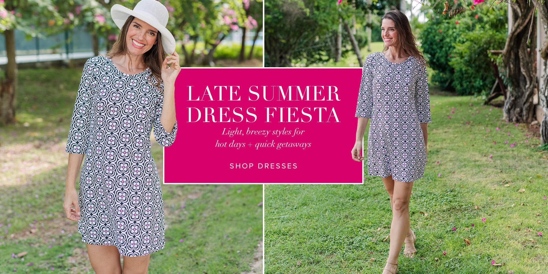 Woman in a patterned dress standing outdoors with promotional text overlay about dresses.