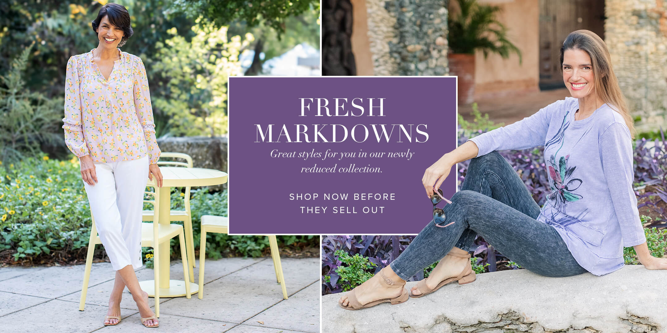 Two women in casual outfits with a promotional sign for fresh markdowns.