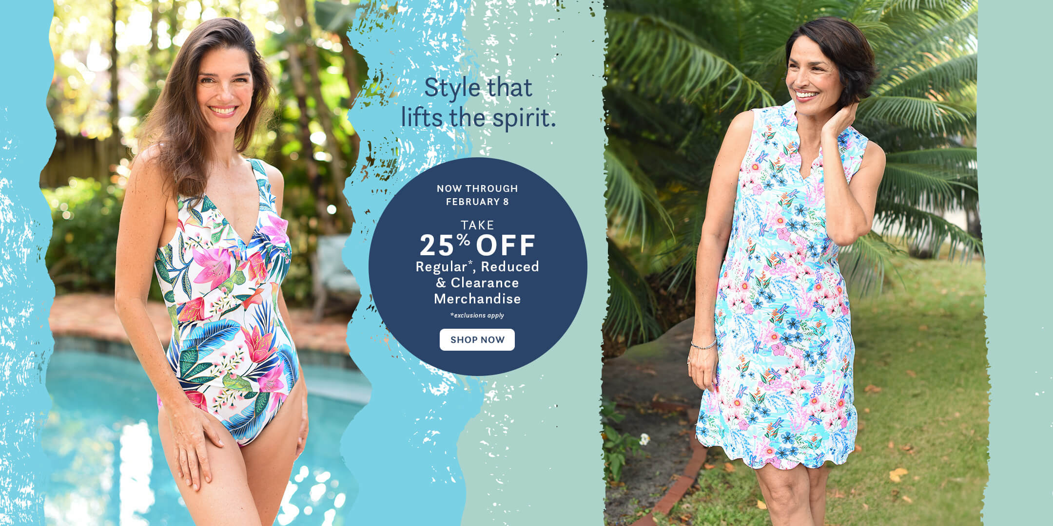 Two women wearing floral dresses with promotional text overlay on a scenic background.