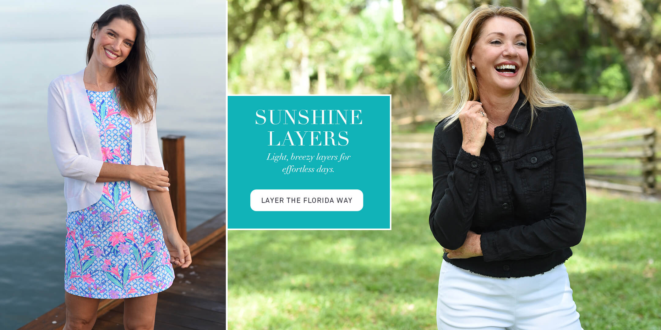 Two women in different settings with text overlay about 'Sunshine Layers' clothing line.