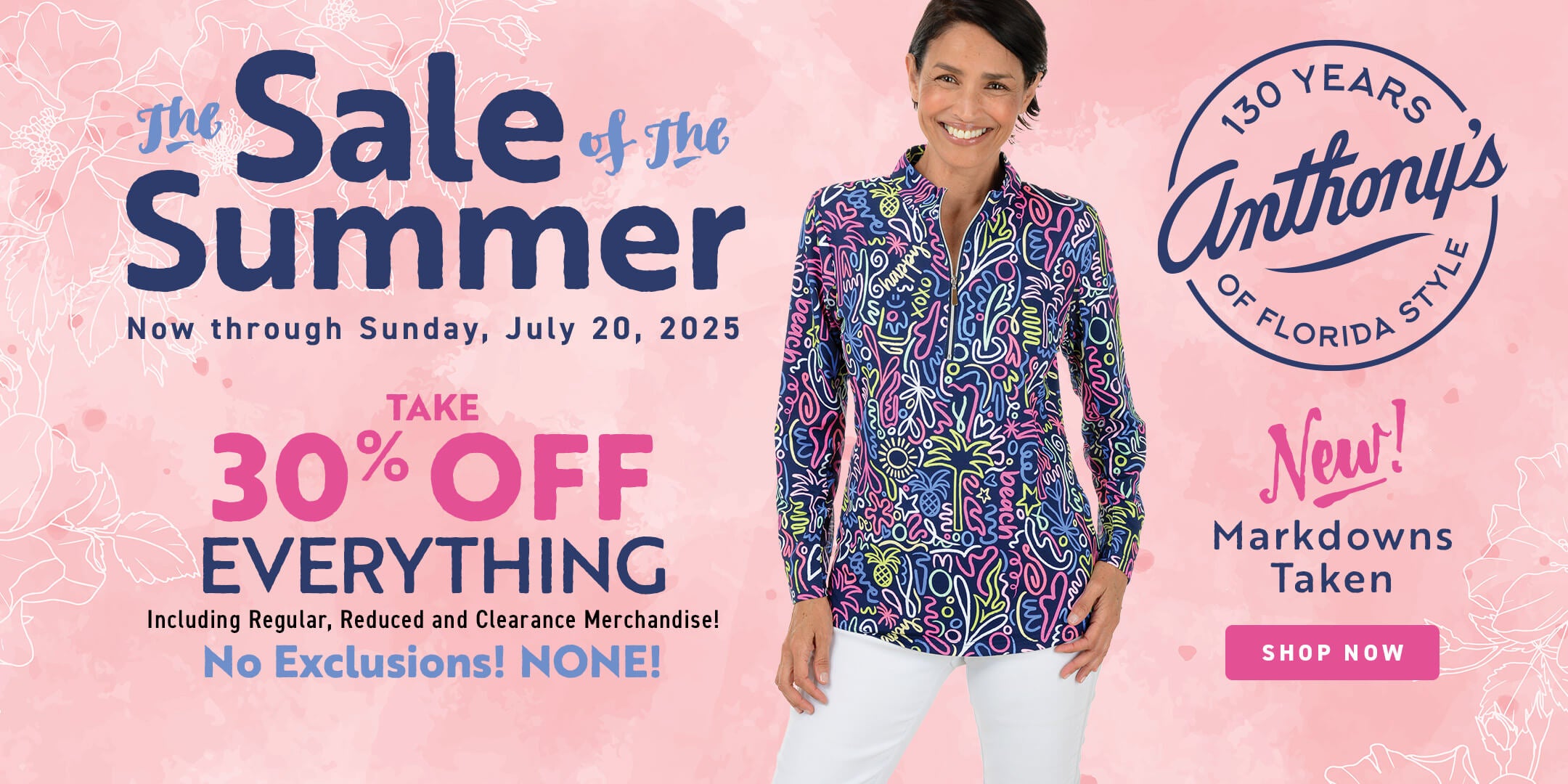 Promotional banner for Anthony's Summer Sale with a woman wearing a colorful shirt on a pink background.