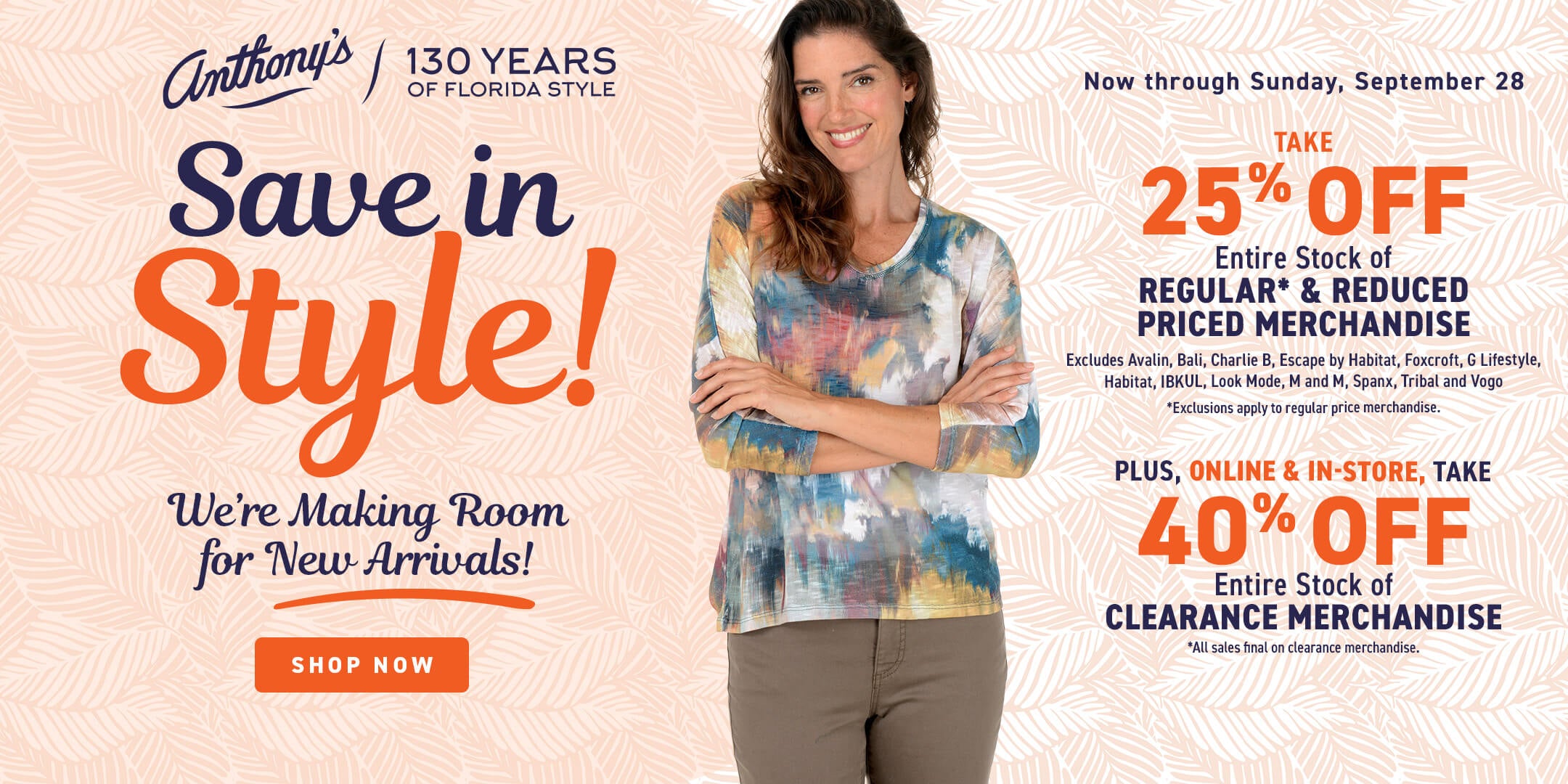 Promotional advertisement for Anthony's with a woman in a colorful sweater, featuring discounts and store information.