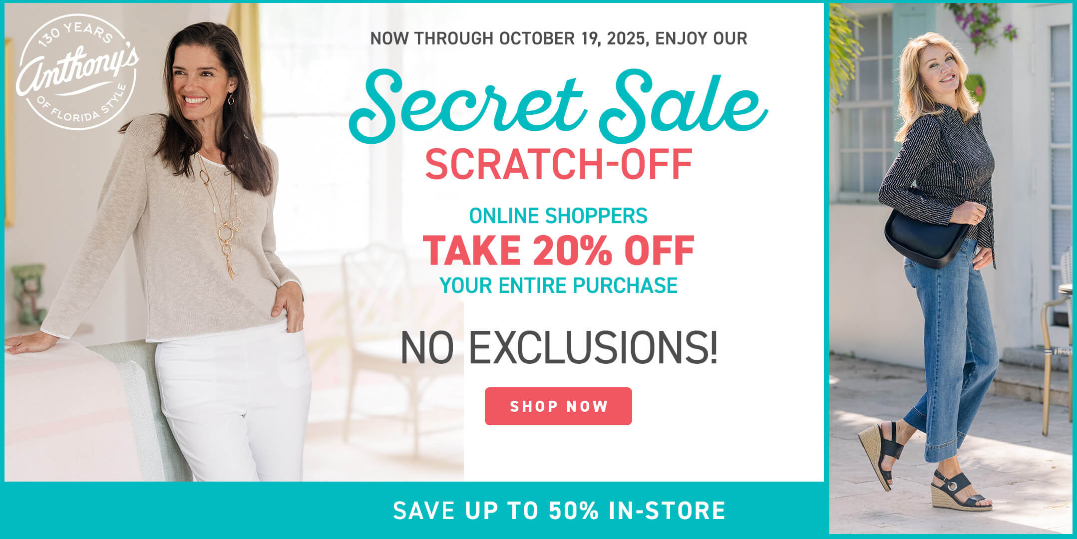 Promotional banner for Anthony's Secret Sale with two women and text about a scratch-off promotion.