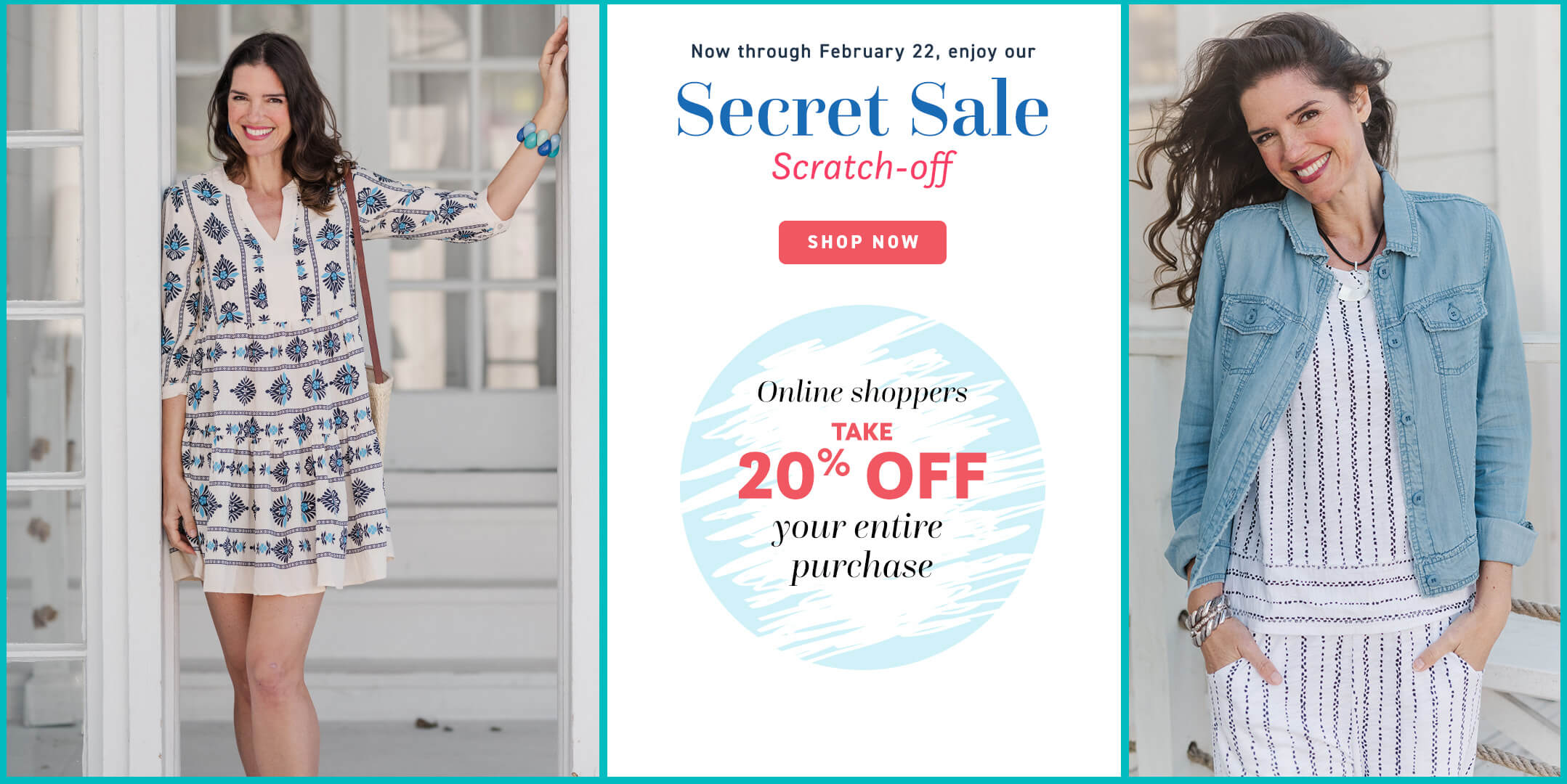 Two women modeling outfits with a Secret Sale advertisement on a white background of our Secret Sale 20% Off Everything