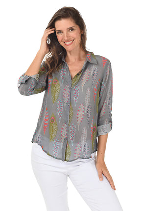 Peacock Plumes Button-Front Shirt