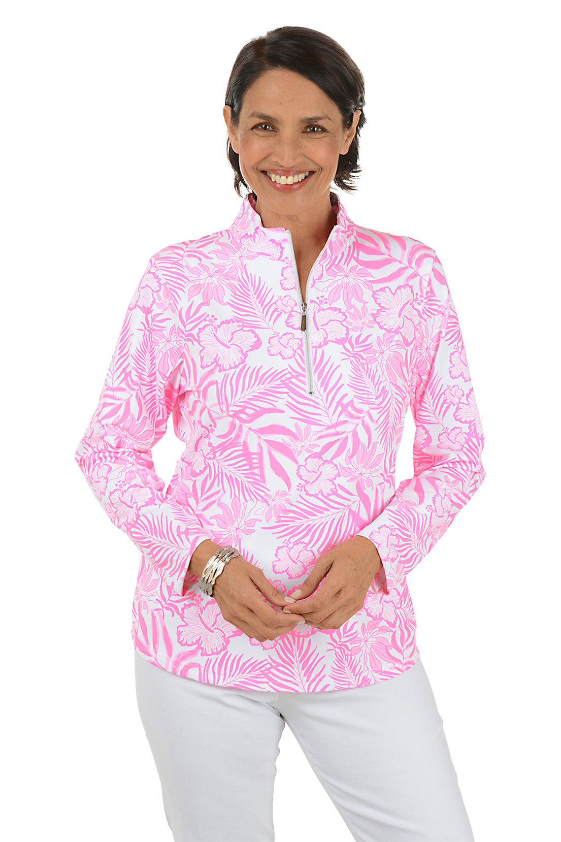 Pink Hibiscus Garden UPF50+ Quarter Zip Top | Anthony's Resort Wear
