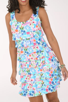 Woman wearing a floral dress on a white background