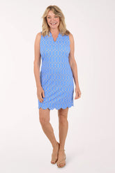 A woman wearing a blue sleeveless dress.