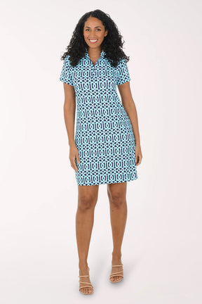Woman wearing a blue and white patterned dress on a white background.