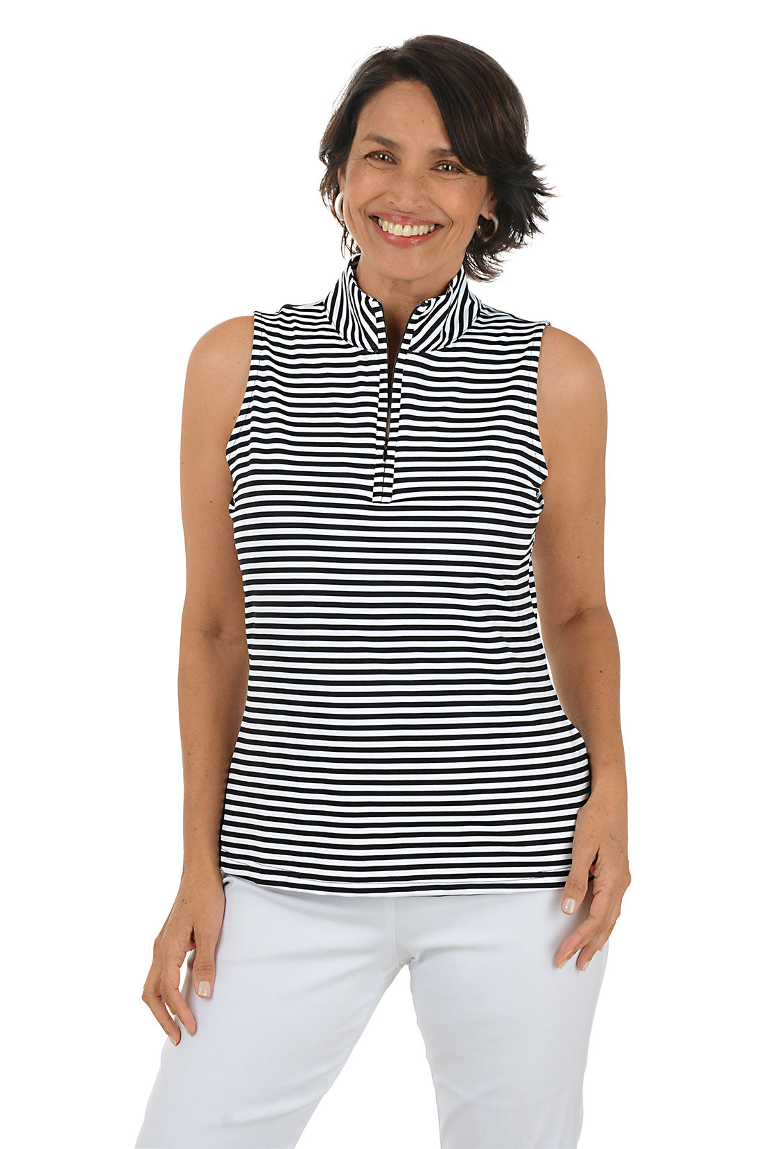 Woman wearing a black and white striped sleeveless top with a collar on a white background.