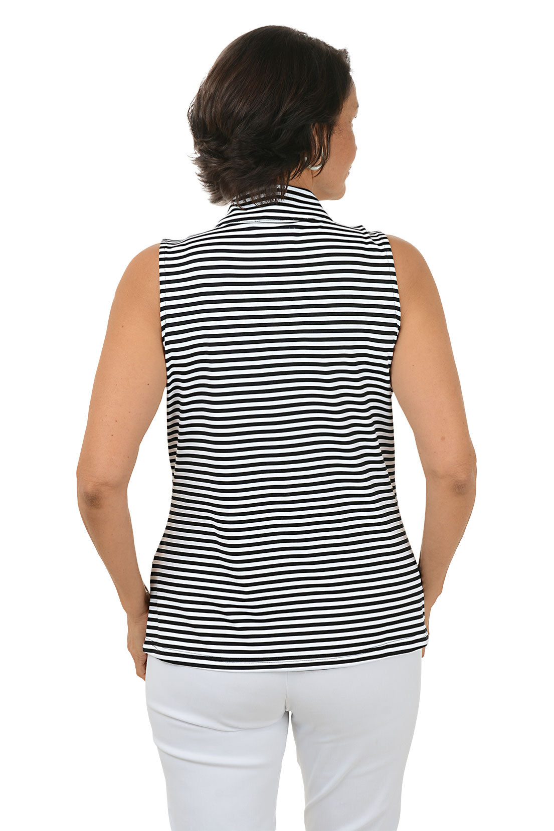 Woman wearing a black and white striped sleeveless top with a collar on a white background. Back shot.
