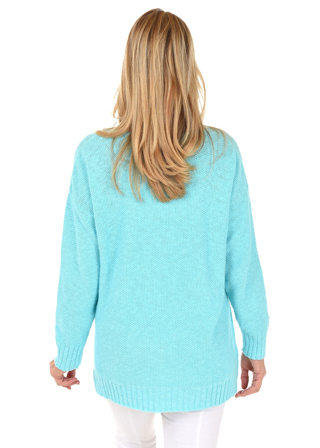 Person wearing a light blue sweater on a white background